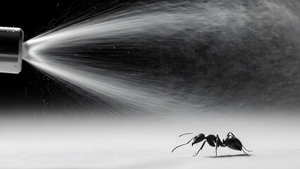 Black ant walking under a stream of water from a spray bottle
