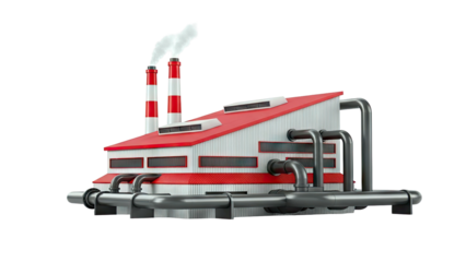 Cartoon Industrial Factory Building with Smoking Chimneys and Pipes