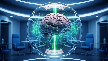 A 3 D rendered brain inside a glowing sphere with digital neural connections in a futuristic office