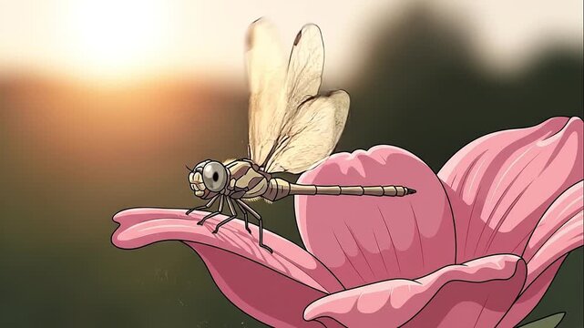 Dragonfly Landing on Pink Flower Animated Style Against Sunset Background