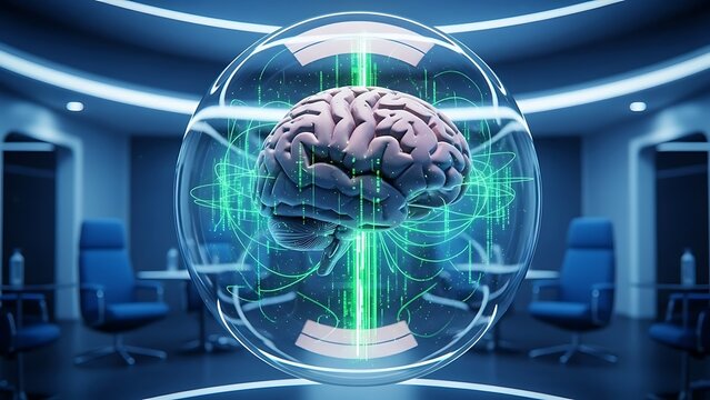 A 3 D rendered brain inside a glowing sphere with digital neural connections in a futuristic office - Powered by Adobe