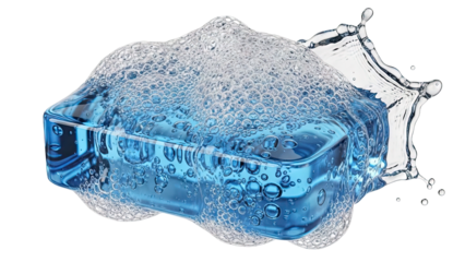 Blue soap bar with bubbles and water splash