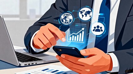 Businessman using smartphone with data graphics - Powered by Adobe