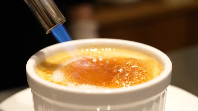 Torching cr?me br?l?e to golden brown perfection in a white ramekin