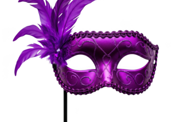 Vibrant purple venetian mask with feather decoration on stick isolated on transparent background