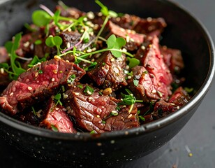 Gourmet Sliced Steak Bowl with Sesame Seeds and Microgreens