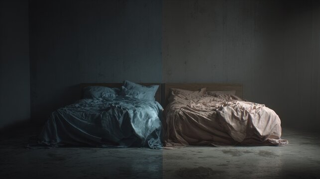 Two beds in different states of disarray in a dimly lit room at night