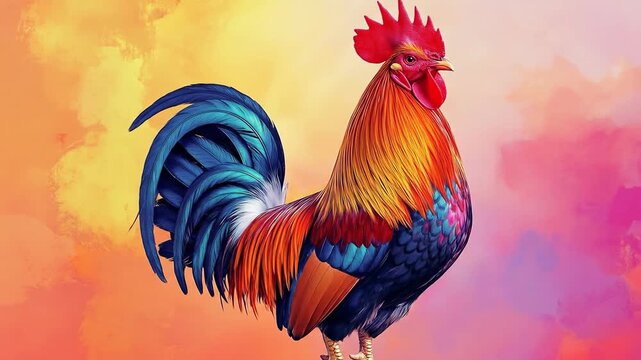 Colorful rooster illustration on orange background for design projects