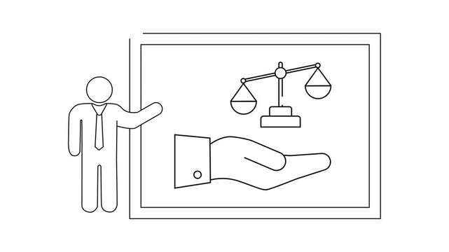 Justice Presentation - Scales of Justice and Hand Illustration.