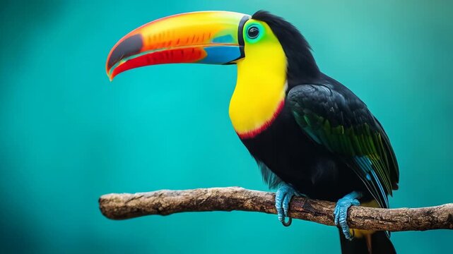 Colorful toucan bird perched on a branch against turquoise background