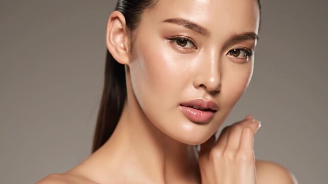 Close-up portrait of a young woman with luminous skin and striking eyes, her hand gently touching her neck
