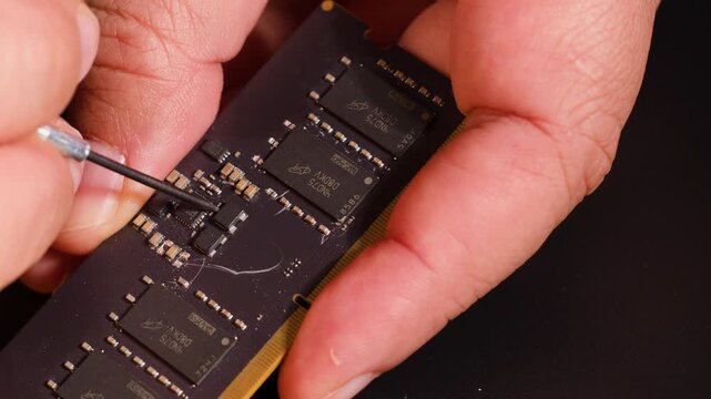 Macro View of Technician Repairing Computer RAM Module with Precision Tool