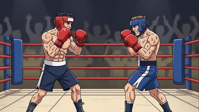 Cartoon Boxers Fight and Knockout in Arena Ring Match