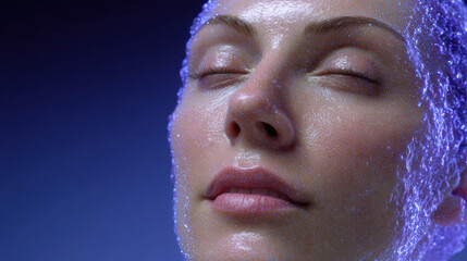 Woman face closeup serene digital skin glow, futuristic beauty portrait cyber skin texture, wet surface shine meditation calm