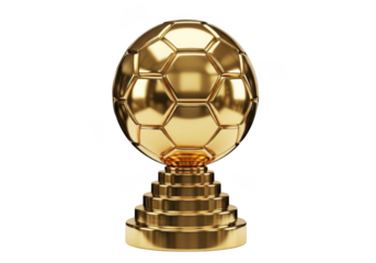 Golden soccer ball trophy award winner champion achievement success prize luxury gold isolated on transparent background