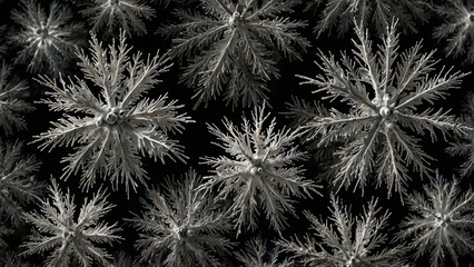 Generative AI illustration: black and white image of bunch of snowfls with detailed texture