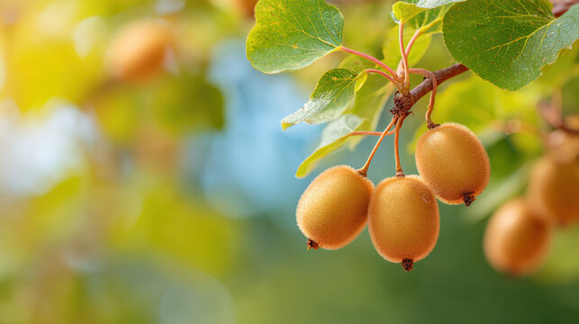 Kiwi fruit orchard branch ripe harvest sunlight kiwi fruit orchard branch ripe harvest hang on tree with green leaf in warm summer light
