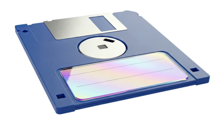 Blue 3.5-inch floppy disk with iridescent label area