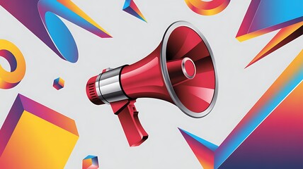 Red megaphone with colorful geometric shapes in background silver