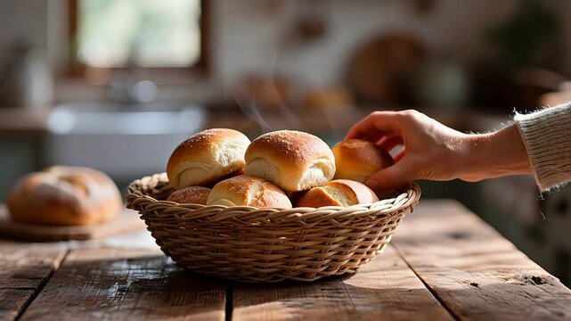 Fresh bread rolls in woven basket