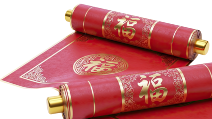 Chinese Red Scrolls with Gold Fortune Symbol