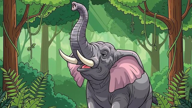 Cartoon Elephant in Lush Green Jungle