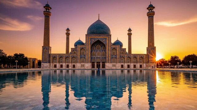Majestic mosque with blue domes and minarets reflected in calm water at sunset