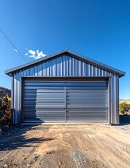 Obraz premium A large gray metal building with a gable roof and closed garage door