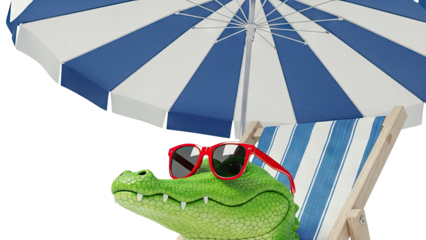 Crocodile wearing sunglasses on a deck chair under a beach umbrella
