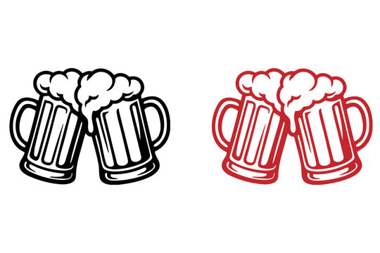 Beer mugs toasting silhouette vector design in black and red for celebration, party, cheers, pub decor, Oktoberfest festival, bar posters and drink-themed graphics