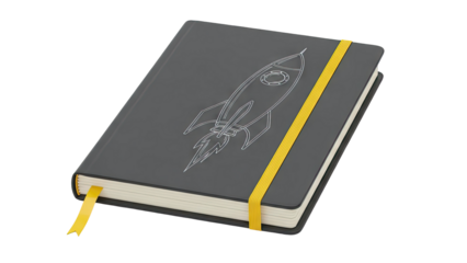 Gray Notebook with Rocket Design and Yellow Elastic Band