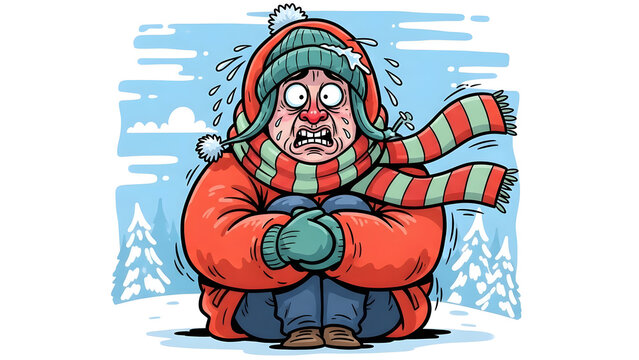 Person wrapped in many blankets and scarves looking very cold and funny