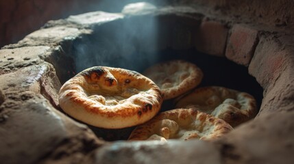 Freshly Baked Bread in Traditional Tandoor Oven with Smoke and Rustic Brick Surroundings Creating an Authentic Culinary Experience