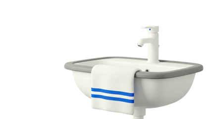 White bathroom sink with modern faucet and striped towel