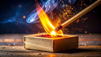 Igniting matchstick with flame and smoke sparks on dark background