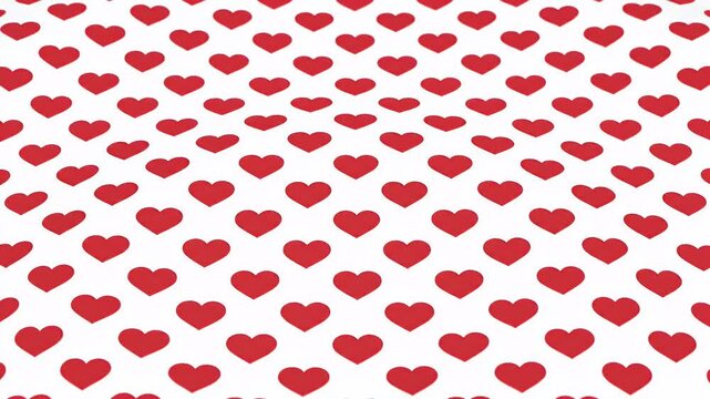 Red Hearts on White Background Pattern - This video features a repeating pattern of red hearts on a white background. The hearts are evenly spaced and oriented in the same direction.