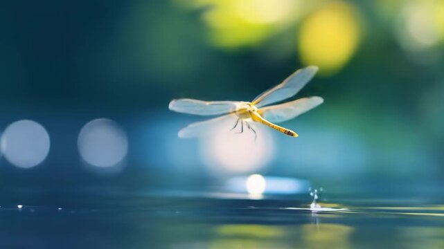 Dragonfly in flight above water surface with ripples and bokeh background