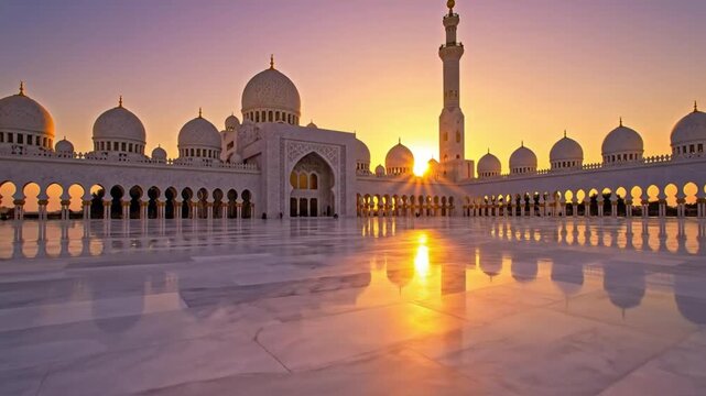 Serene mosque courtyard with domes and minaret at sunset with reflective floor and calm atmosphere