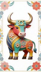 Fototapeta premium Colorful Decorated Bull Illustration: An illustration of a vibrant bull, adorned with intricate floral and geometric patterns, symbolizing strength and artistry. 