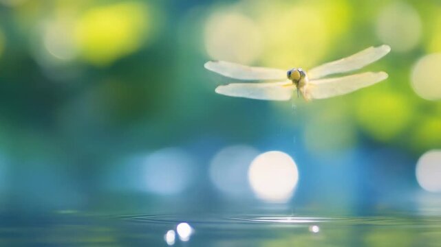 Dragonfly in flight above water with blurry green and blue background