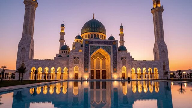 Majestic mosque with minarets and domes reflecting on serene water at dusk from a frontal viewpoint