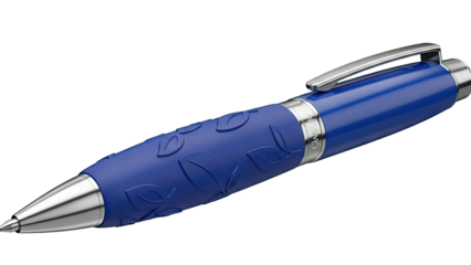 Blue pen with embossed leaf pattern and chrome accents