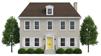 Traditional Brick House with Yellow Door and Lush Trees