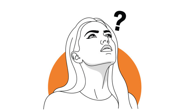 Beautiful young woman looks upward with contemplative expression next to black question mark against bright orange circle.