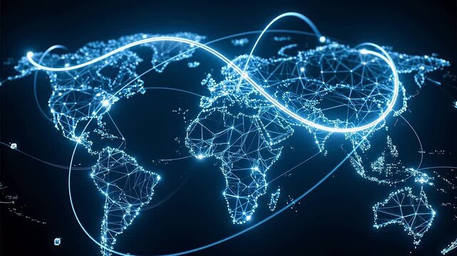 Global network map with glowing connections