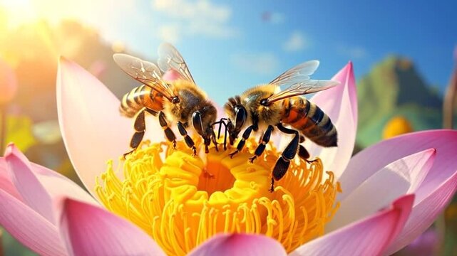 Two honeybees collecting nectar from a vibrant pink lotus flower in a serene pond.