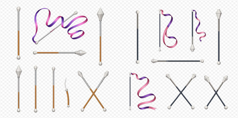 Set of rhythmic gymnastics equipment including clubs, ribbons, and sticks for sport and exercise.