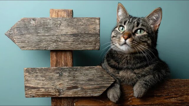 Cat poised on a rustic wooden sign contemplating its next move in a strategic pivot towards new directions. Cat Contemplating Crossroads &ndash; Animated Video Version