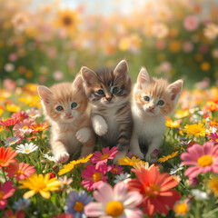 Tres pequeños gatitos en una hermosa escena llena de flores