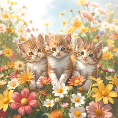 Tres gatitos naranjas en un campo de flores